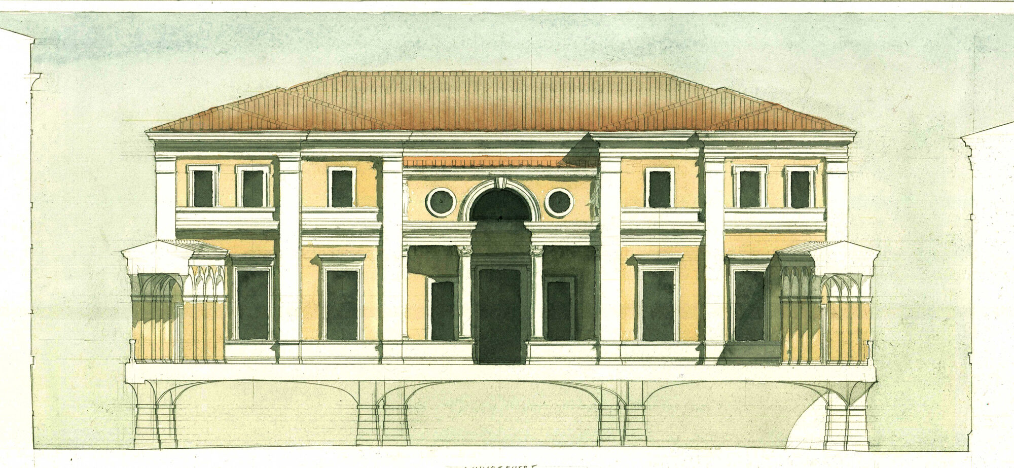 Watercolor elevation of a library designed in Rome showing the the elevated courtyard with arcade surround. There is a serliana / palladian arch at the back covered porch / loggia. Stucco and stone. Traditional / classical / renaissance style / detailing. Well proportioned openings. Parking below.  A modern contemporary building imbued with timeless classical composition and proportionality.