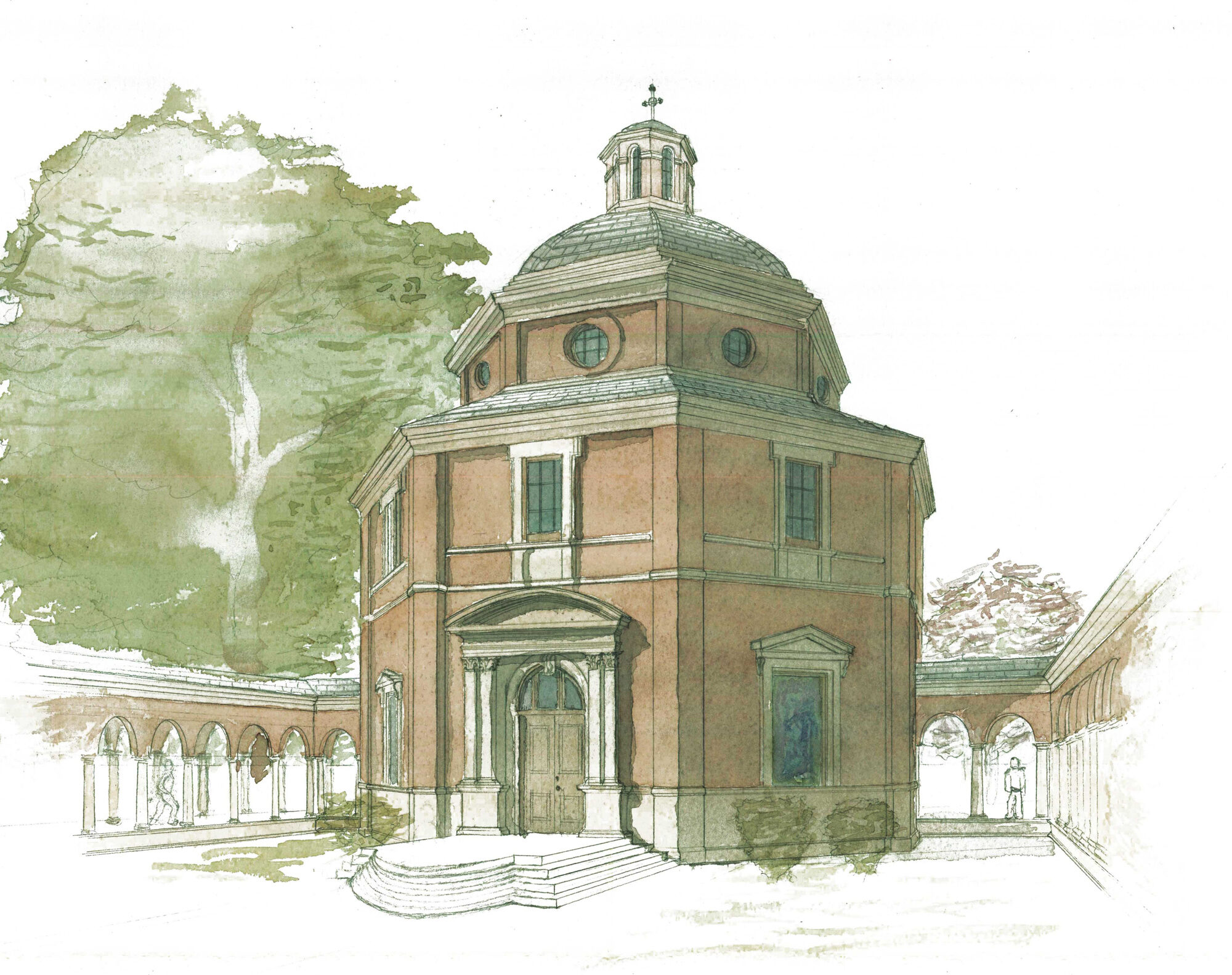 Watercolored perspective of a small chapel in Chicago. Traditional / classical detailing. Brick and stone, octagonal in plan shape. Surrounding arcade.  A modern contemporary building imbued with timeless classical composition and proportionality.