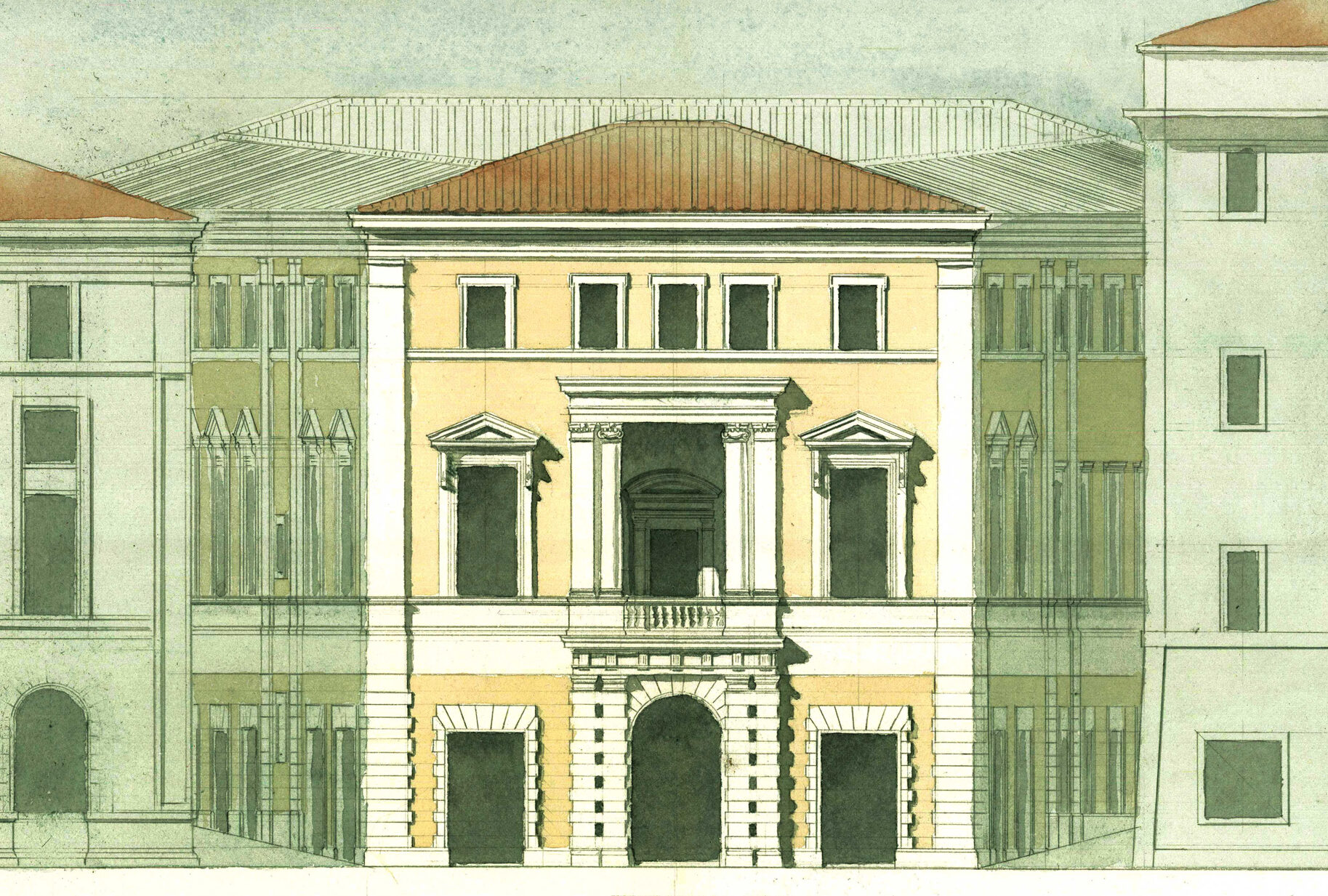 A watercolored elevation drawing, wash rendering technique, of the front facade of a designed library in Rome. Classic / renaissance style / detailing. Stucco and stone. Rare book room with an loggia / covered porch is shown on the Via Giulia.  A modern contemporary building imbued with timeless classical composition and proportionality.